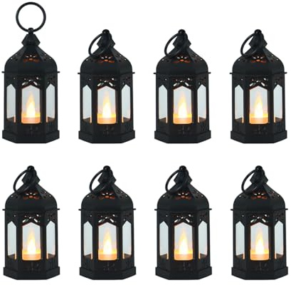 LLQ 8Pcs Mini Lanterns for Centerpiece, Medieval Gothic Fairy Party Decor, Decorative Candle Lanterns for Indoor, Small Vintage Lantern for Halloween Christmas Wedding Table Decor, Black