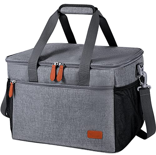 Voova Cooler Bag 40-Can (30L), Insulated Picnic Lunch Bag Box Soft Sided Wine Cooler Boxes, Large Collapsible Cool Bag, Leak-Proof Freezer Bag for Frozen Food/Camping/BBQ/Shopping/Golf-Grey