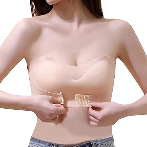 TOFBS Damen Trägerloser BH Ohne Bügel Bandeau BH mit Vorderer Schnalle Push Up Rutschfester Unsichtbarer BH mit Abnehmbare Träger (Beige,M)