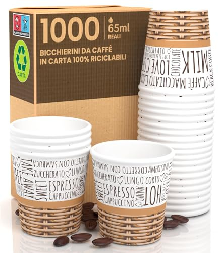 1000 Bicchierini in Carta da caffè 65ml Bicchieri Monouso Ecologici Asporto | Fantasia SweetCUP Bicchieri Biodegradabili Asporto Piccoli Bevande Calde