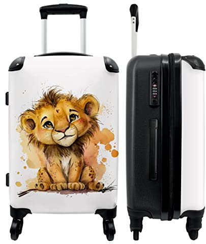 NoBoringSuitcases.com® Koffer groß Trolley Rollkoffer Reisekoffer mit 4 Rollen Fotokoffer - Löwe - Aquarell - Braun - Tiere - Mädchen - Jungen - 67x43x25cm - 90 Liter