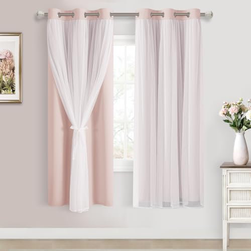 DWCN Layered Curtains Blackout and Sheer Curtains with Tiebacks Grommet Top Window Treatments with Sheer Overlay for Living Room, Girls Bedroom, Nursery, 38 W by 63 L, Rose Blush, 2 Pieces