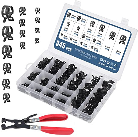 OCR 345PCS 5-22mm Spring Band Hose Clamp, Fuel Line Hose Clamp, Low Pressure Air Clamp, Water Pipe Air Tube Silicone Vacuum Fastener With Pliers