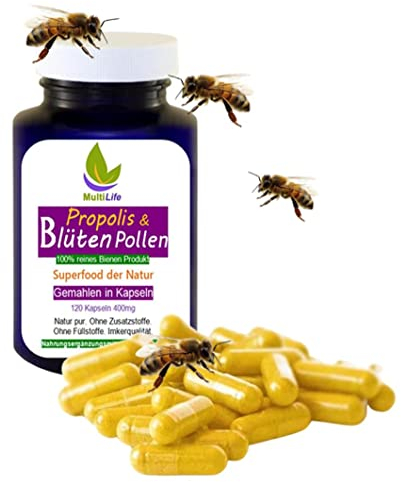 PROPOLIS + BLÜTENPOLLEN [SuperKombi] 120 Kapseln für innere Balance, Entspannung, Sport, Lernen, Workout, Training, Yoga, Fitness [NATUR Pur - OHNE ZUSATZSTOFFE 25603