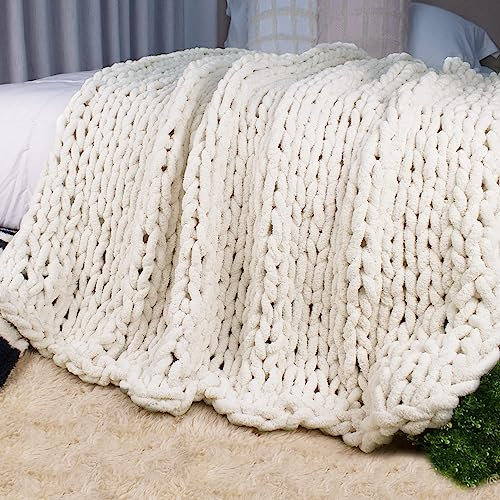Carriediosa Tjock stickad filt 152 cm x 203 cm tvilling, 100% handgjord stor Chenille-ögla garn mjukt fluffigt överkast för bäddsoffa, stor virkad mysig tung tjock kabelvävd filt, krämvit