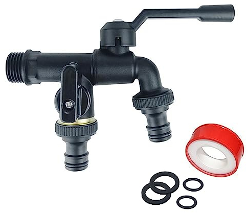 Beruyu Wasserhahn Garten, Doppel Auslaufhahn 1/2 Zoll aus Messing rost-und frostsicher, Doppelwasserhahn mit 2X Gratis Schlauchanschlüsse, für Garten, Waschmaschine, Regentonne, Schwarz