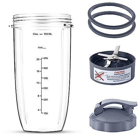Replacement 32oz Cup for the Nutribullet Cup with a Portable Lid - Premium extractor blade replacement for the nutribullet blender and 2 lid rings compatible with nutribullet accessories.