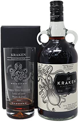 Personalised Dimple Highball Glass & 70cl Bottle - Kraken Octopus/Beast Design (Kraken Black Spiced, No Gift Box)