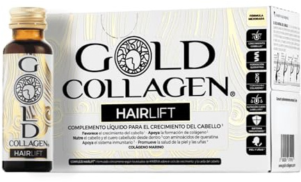 GOLD COLLAGEN Hairlift - Complemento Líquido Colágeno Marino Hidrolizado con Ácido Hialurónico, Biotina para el Cabello, Vitamina C B6, Zinc, Keratina, Fortalece Cabello Piel y Uñas 10 Botellitas 50ml