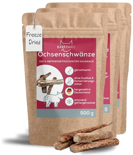 BARFAWAY Ochsenschwänze, gefriergetrockneter Langer Kausnack für Hunde, 100% natürlich ohne Zusätze, Deutsche Herstellung, geruchsneutral, 3er Pack (3 x 500 g)
