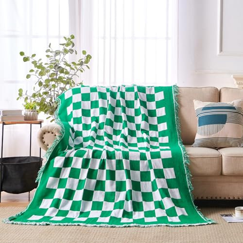 DXGJOKR Karierte Überwurfdecke für Couch, Frühlingsdecke, grüne Überwurfdecke, wendbare, gemütliche Decke, gestrickte Baumwolldecke mit Quasten