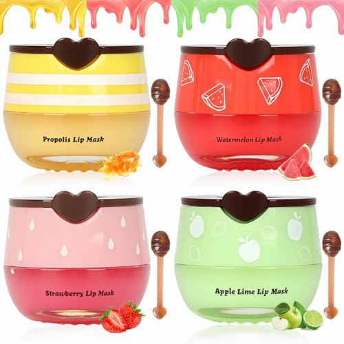 4 PCS Bee Lip Balm Lip Mask Honey Pot, Prevention Lip Dry Set, Strawberry & Watermelon & Apple Lime & Honey Lip Sleeping Mask Propolis Moisturizing Lip Balm, Mothers Day Gifts,Easter Basket Stuffers