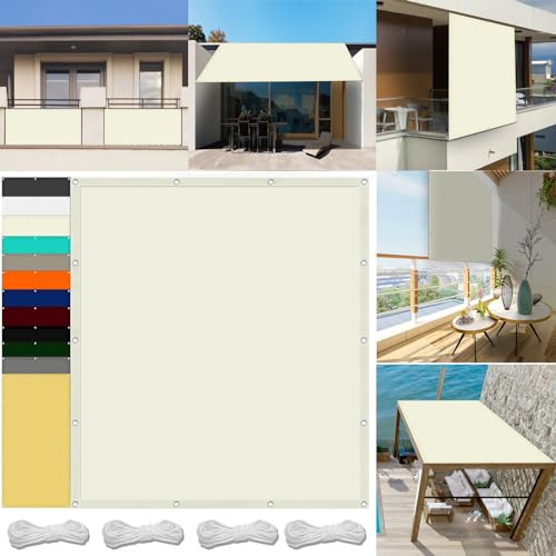 Schattiernetz Mit Öse 1 x 2 m Wasserdicht Sichtschutz Balkon Reißfest UV-Schutz nach Mass Polyestergewebe Mit Seil Sonnensegel Sonnenschutz für Camping Schwimmbad, Elfenbein