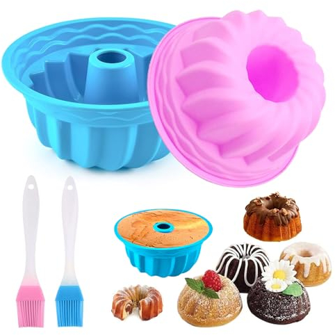 KUIZHEN Lot de 2 moules à kouglof en silicone, diamètre : 16,5 cm, moule à kouglof, moule à gâteau en silicone de qualité supérieure, pour gâteau, pain, bleu, rose