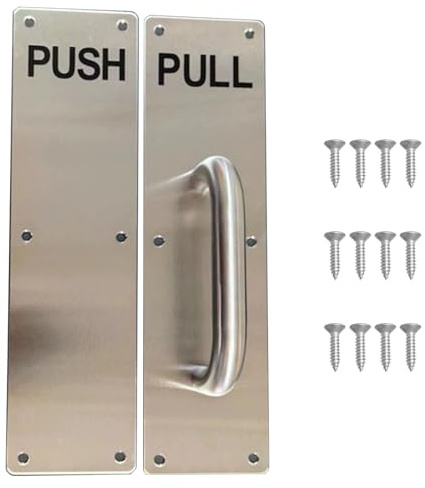 2 Pcs Pull Push Door Plate Handle Stainless Steel, Heavy Duty Barn Doo r Pull, with Push Plate Screws, Silver Doo r Handles, for Entrance, Bathroom, Commercial Fire Doors, Cabinets, 300 x 80mm, Silver