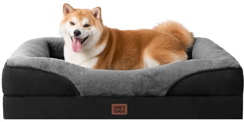 EHEYCIGA Memory Foam Dog Beds Large, 91x68x17cm, Charcoal | Orthopedic Washable Dog Bed Sofa with Sides, Waterproof Liner, Pet Couch with Removable Cover, Non-Slip Bottom, Chew Proof