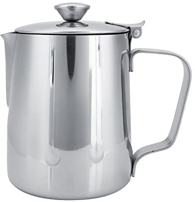 Nimomo Edelstahl Aufschäumbecher, Milchkännchen, Edelstahl-Kaffeetasse, Milchaufschäumkrug mit Deckel für Latte-Kaffee (350 ml)