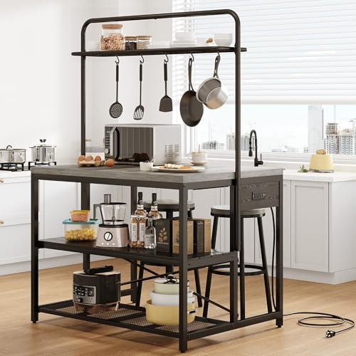 46 Large Kitchen Island Table Baker Rack with Power Outlet and 3-Tier Storage-Microwave Stand Oven Shelf, Metal Coffee Bar Table,Kitchen Storage Shelf for Dining Living Room, 5 Hooks,Grey