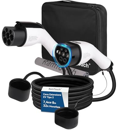 RamTouch Cavo Prolunga Tipo 2 (32 A, 7,4 kW, 8 Metri, Monofase) | Cavo di Estensione Compatibile con Caricatori per Auto Elettriche, Stazioni di Ricarica e Wallbox per EV/PHEV