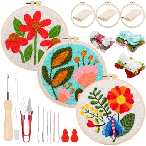 Woohome DIY Needle Punch Handwerk Stickerei, Punch Needle Set für Anfänger, Sticktuch mit Muster, Stickrahmen Fäden, Anleitung (Rote und Rosa Blume)
