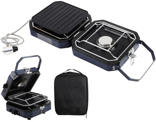 2 Burner Camping Stove with Carrying Bag, 16000 BTU Portable Propane Stove for Camping, Collapsible camping stove with two side shelves and adjustable burners for outdoor barbecues(Blue)