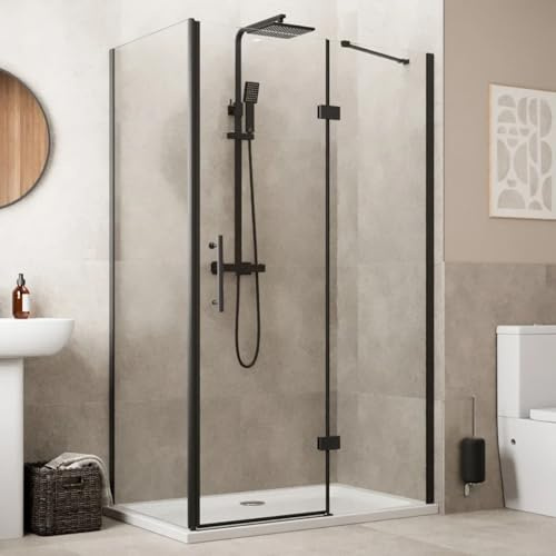 Baystone® 1200 x 700mm Frameless Hinged Shower Door Enclosure 8mm Toughened Safefty Glass Reversible Cubicle Doors for Showers & Side Panel, Black
