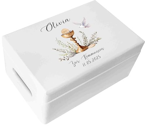 Creative DECO Blanca Caja Regalo Personalizada Primera Comunión | Caja de Memoria de Madera para Niños/Niñas | Personalizado - Cáliz | Impreso | Personalizadas para Niño y Niña | Personalizados