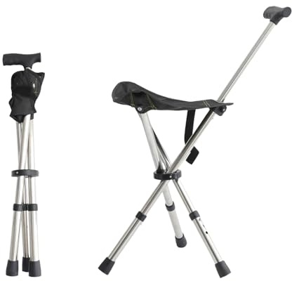 King Mills Lightweight Portable Stools for Adults Heavy Duty, Adjustable Walking Chair for Adults, Anti-Slip Cane Seat Walking Stick Folding Seat 250 Lbs Above Ideal for Camping & Hiking, Black