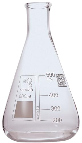Camlab Graduated 3,3 Borosilicate Glass Erlenmeyer Flask, With Narrow Mouth, Conical Flask, Chemically Resistant and Heat Resistant, 500ml Glass Beaker, Pack of 1