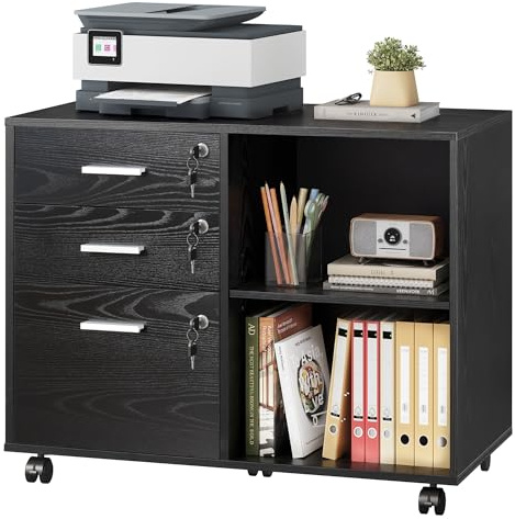 DEVAISE Carro Archivo 3 Cajones con Tablero Madera, Mueble para Impresora Diseño Retro, Negro