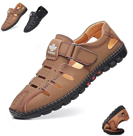 Herrsnygga ihåliga lädersandaler, sommar, andningsbara, justerbara lädersandaler med stängd tå, utomhusskor for fritidsbruk på stranden(Brown,41 EU)