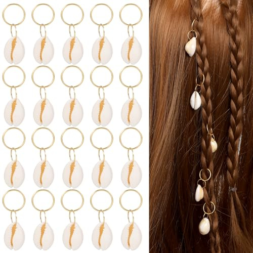 Ouligay 20pcs Seashell Hair Charms Rings Jewellery for Braids, Gold Hair Cuffs for Braids Seashell Loc Beach Dreadlock Accessories Decorations