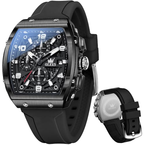 OLEVS Mens Black Watch Luxury Dress Stainless Steel Watches Large Chronograph Silicone Strap Waterproof Square Watch for Men