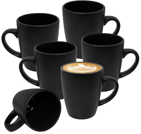 Feinkeramik Kaffeetasse 330 ml schwarz matt - 6er Set - Porzellan Kaffeebecher mit Henkel 12 x 10 cm - Steingut Tasse für Kaffee Tee Kakao Matcha Trinktasse Teebecher Mug Kaffeepott