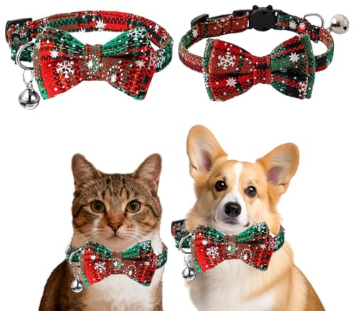 VYNZOR 2 Stück Weihnachtshalsband für Katze mit Fliege und Glocken, Verstellbares Katzenhalsband aus Weichem Stoff mit Sicherheitsverschluss, Weihnachtliches Katzenzubehör für Party und Alltag