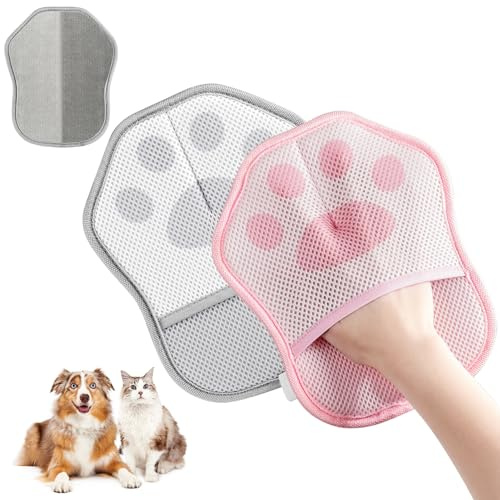 JINYJIA Guante Quitapelos Mascotas 2pcs, Guantes de Pelo para Gatos de Doble Cara, Guantes de Aseo para el Pelo, Principio Electrostática y Reutilizable, Limpieza de alfombras y sofás,Gris + Rosa