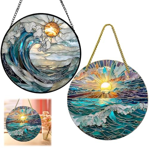 2 Stück Acryl Fensterdeko Hängend Fensterschmuck Hängend Sonne Und Wellen Sonnenfänger Um Vogelschläge Auf Das Fenster Zu Verhindern Für Wohnzimmer Garten Fensterscheibe 20x 20cm