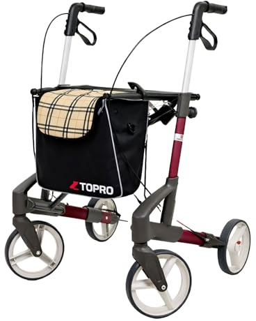 TOPRO Troja Original Rollator Gr.M Weinrot – rollator faltbar und leicht – kompakt & schmal – bis 165 kg belastbar – Premium Walker mit Tasche, Ankipphilfe, anatomischen Griffen