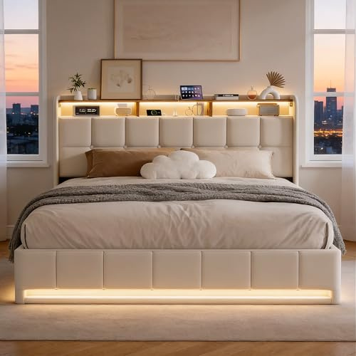 BRILVERDE Cama Tapizada 140x200 con Almacenamiento hidráulico, Cama matrimonial con Toma USB y luz LED, Cabecero Acolchado y Base de Láminas, Lino (Beige, 140 x 200 cm)