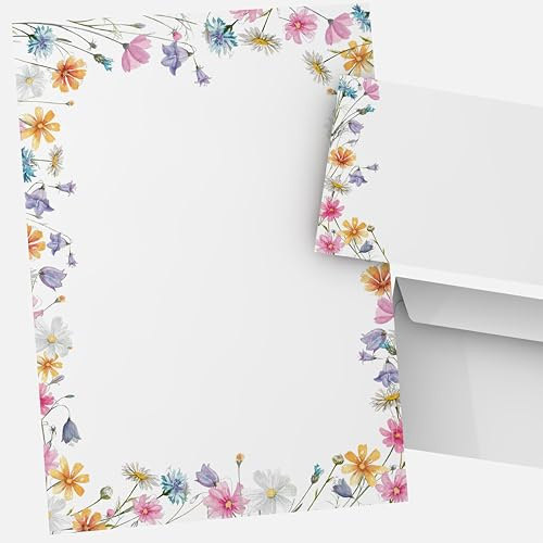 Briefpapier Set DIN A4 „Blütenwiese“ – Bunte Wildblumen im Aquarellstil – 100 Blatt Motivpapier + 100 DIN Lang Kuverts – 90g florales Designpapier für Briefe & Einladungen