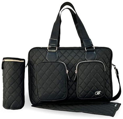 My Babiie Changing Bag Tote - With Insulated Bottle Holder, Portable Changing Mat, Baby Travel Bag, Nappy Messenger Bag, 2 Front Pockets - Black Quilted
