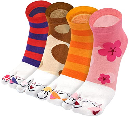 PUTUO Calcetines Flip Flop Tabi: Geta Tradicionales de Algodón para Mujeres, Japonés Divertidos de Chanclas, Dos Dedos, 4 Pares Talla 36-41