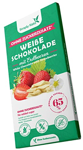 Simply Keto | Zuckerreduzierte Erdbeer Weiße Lower Carb* Schokolade mit Erdbeer-Stückchen - ohne Zuckerzusatz - Gesüßt mit Erythrit – 65% weniger Zucker - Glutenfrei & sojafrei - ohne Maltit