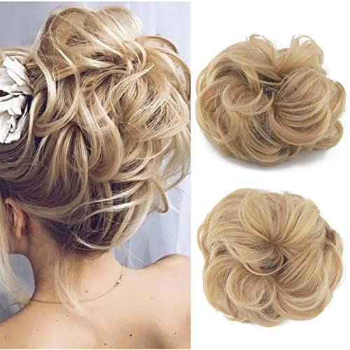 Cybelleza Hårdel, hårsnodd, hårförlängning, hästsvans, 35 g, hårdel med elastiskt band, Dutt Updo, högstickade, frisyrer, lockade, hårband, vågigt, lockigt, mässingsbun för kvinnor (honungsblond)