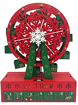 PE Noël Calendrier de l'Avent en Bois - Grande Roue Entraînée par un Moteur électrique et des lumières LED - 24 Tiroirs à Remplir