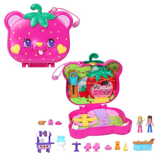 Polly Pocket Playset with 2 Micro Dolls & 12 Accessories, Straw-beary Patch Compact Travel Toy with Fidget Exterior, HRD35