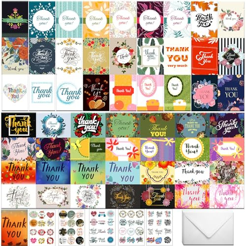 Eilyliafe 56 Bulk Thank You Cards, Assorted Thank You Cards with Envelopes, Matching Stickers and Storage Box - 4 x 6 Inch Blank Thank You Greeting Cards