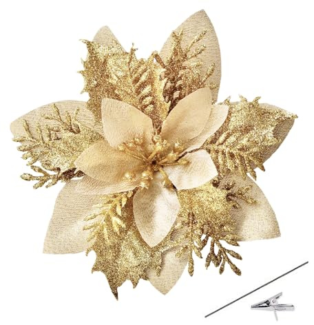 Bafenli 15 Stücke 14CM Weihnachten Künstliche Blumen Poinsettia Glitzer Weihnachtsblumen mit Clips Stämme Weihnachtsbaum Ornamente für DIY Kränze Girlande Haus Party Urlaub Dekoration - Golden
