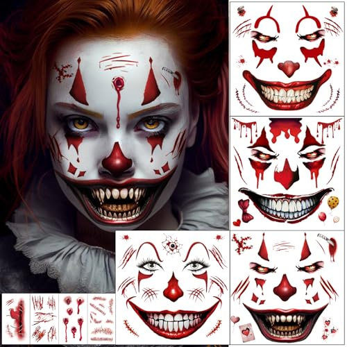 8 Blatt Halloween Tattoo Gesicht, Horror Clown Tattoos Narben, Haloween Wunden Clown Mund Realistisch Tattoo, Skelett Zombie Tattoos Halloween Kostüm Herren Damen Make up