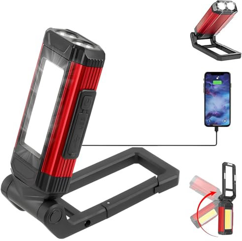 led arbeitsleuchte,taschenlampe mit magnet,werkstattlampe,handlampe led werkstatt,IPX6 Wasserdicht,360° drehbar mit Ladefunktion,5 Beleuchtungsmodi,für Auto KFZ Camping Werkstatt Notfall(Rot)